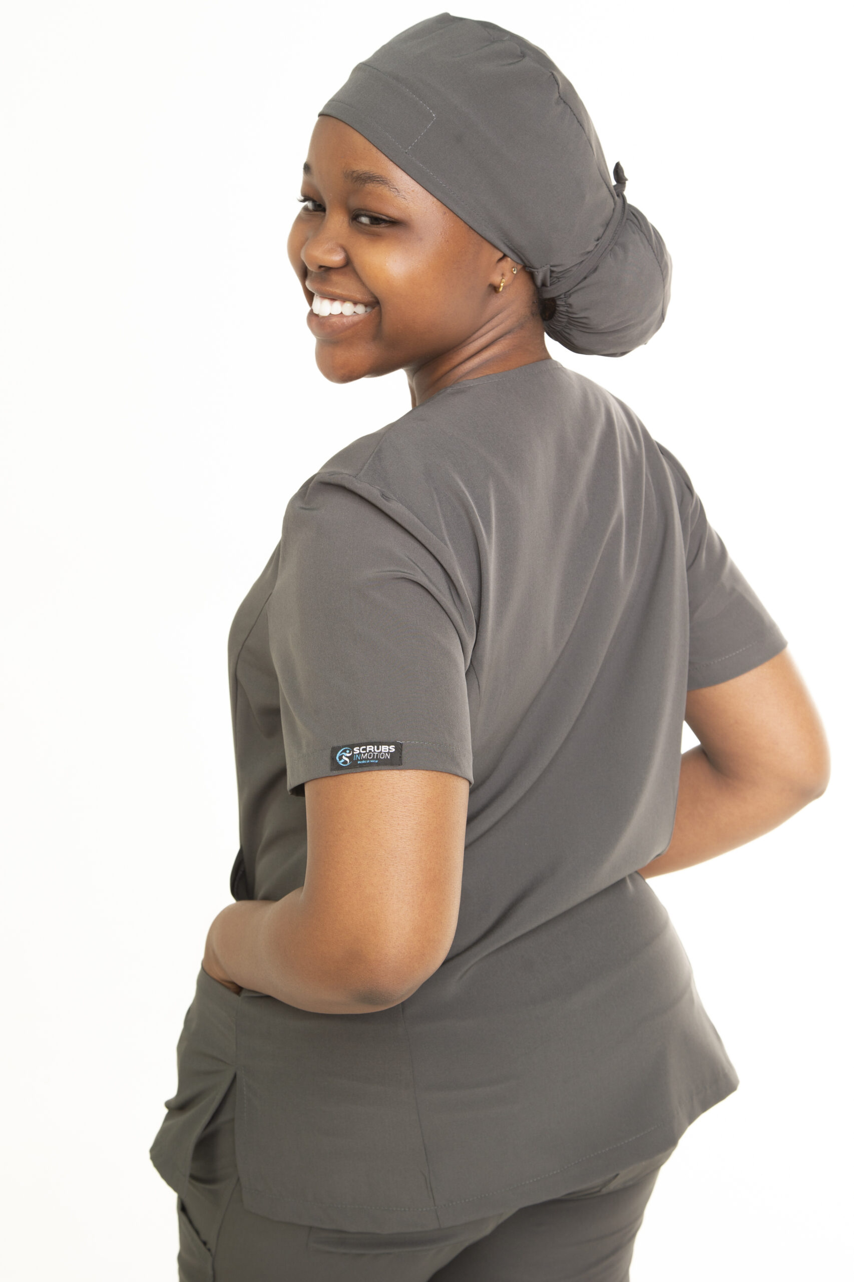 Dark grey scrubs top Scrubs In Motion professional medical wear