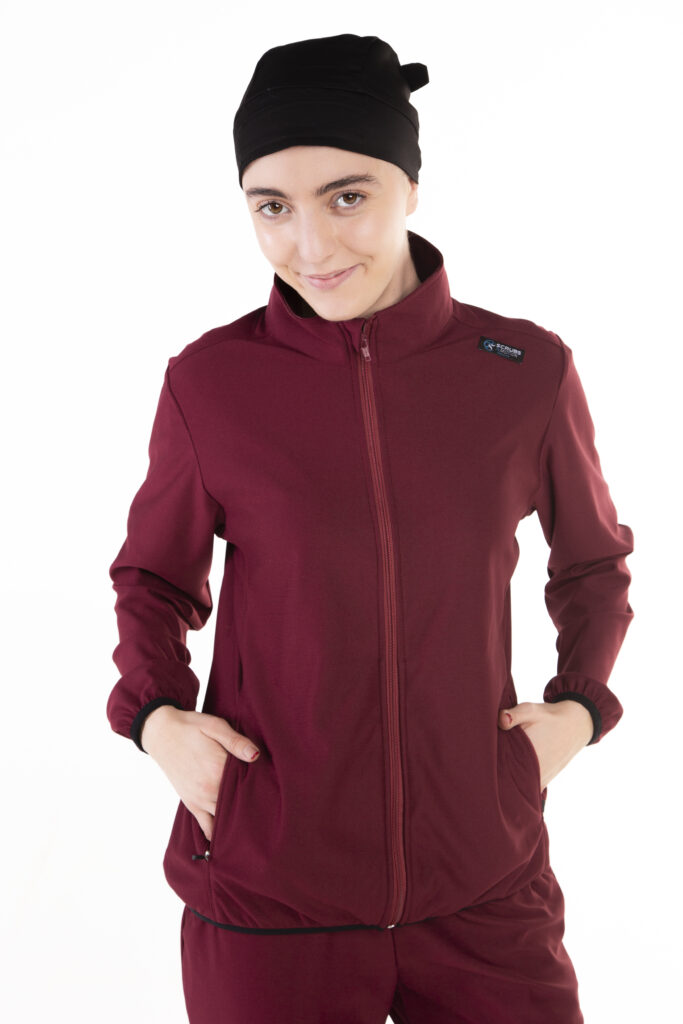 Maroon scrub jacket Scrubs In Motion professional medical uniform layer